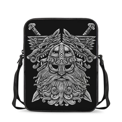 Black And White Odin With Wolfs Print Rectangular Crossbody Bag