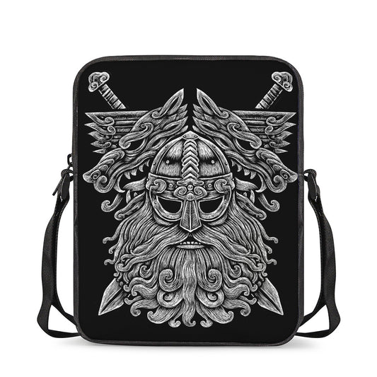 Black And White Odin With Wolfs Print Rectangular Crossbody Bag