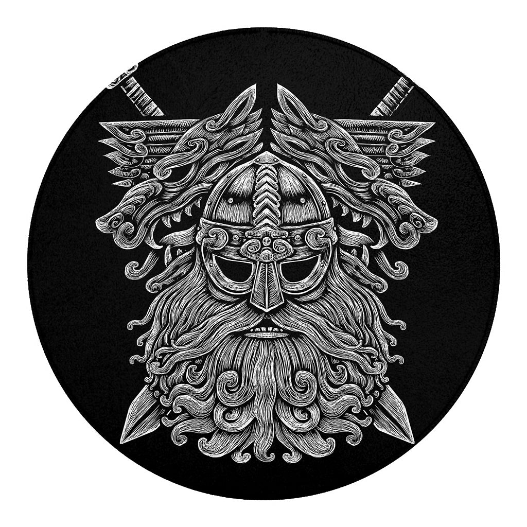 Black And White Odin With Wolfs Print Round Blanket