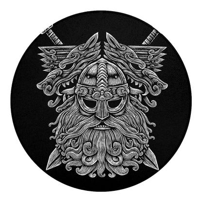 Black And White Odin With Wolfs Print Round Blanket
