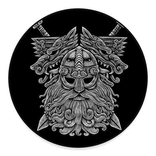 Black And White Odin With Wolfs Print Round Floor Mat