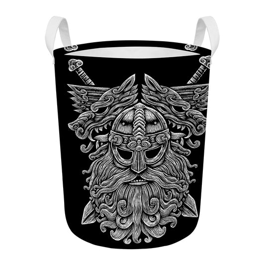 Black And White Odin With Wolfs Print Round Laundry Basket