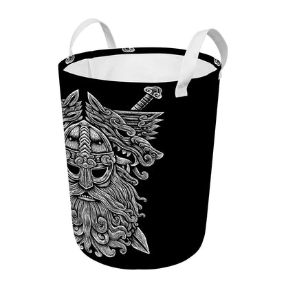 Black And White Odin With Wolfs Print Round Laundry Basket