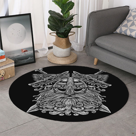 Black And White Odin With Wolfs Print Round Rug