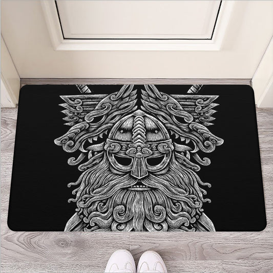 Black And White Odin With Wolfs Print Rubber Doormat