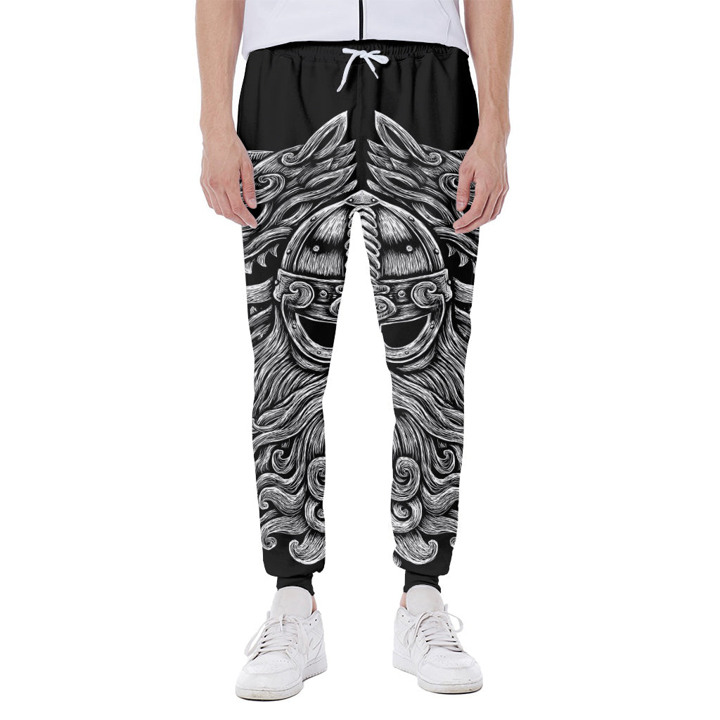 Black And White Odin With Wolfs Print Scuba Joggers