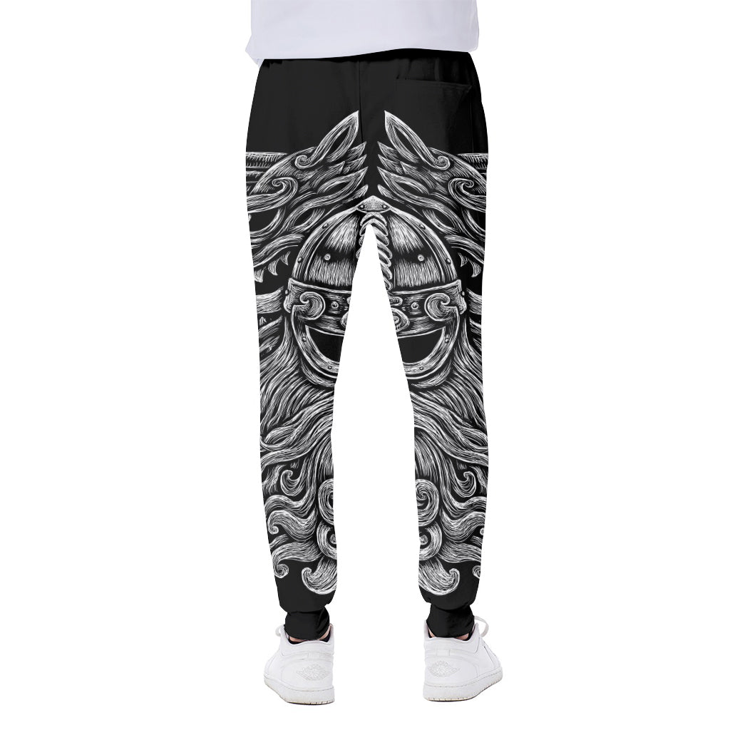 Black And White Odin With Wolfs Print Scuba Joggers