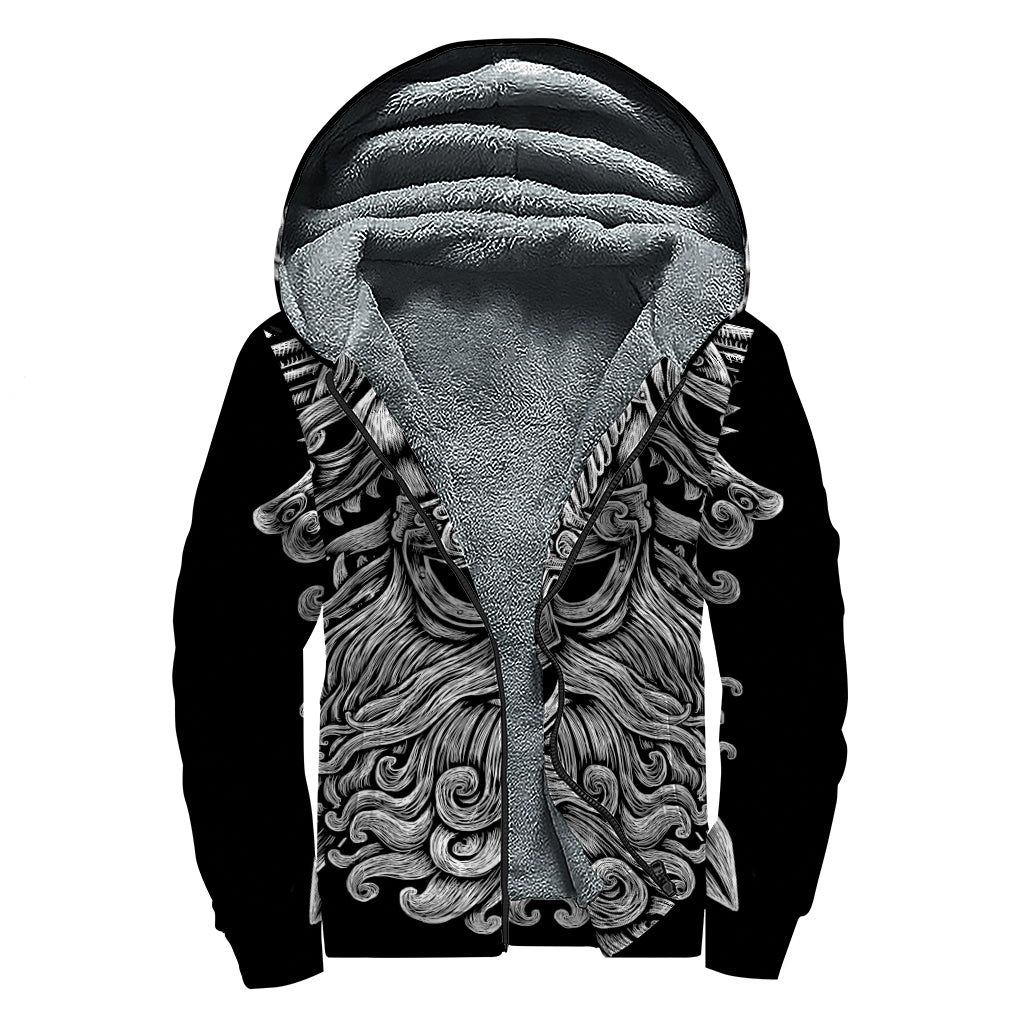 Black And White Odin With Wolfs Print Sherpa Lined Zip Up Hoodie