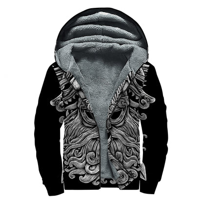 Black And White Odin With Wolfs Print Sherpa Lined Zip Up Hoodie