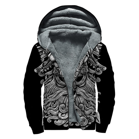 Black And White Odin With Wolfs Print Sherpa Lined Zip Up Hoodie