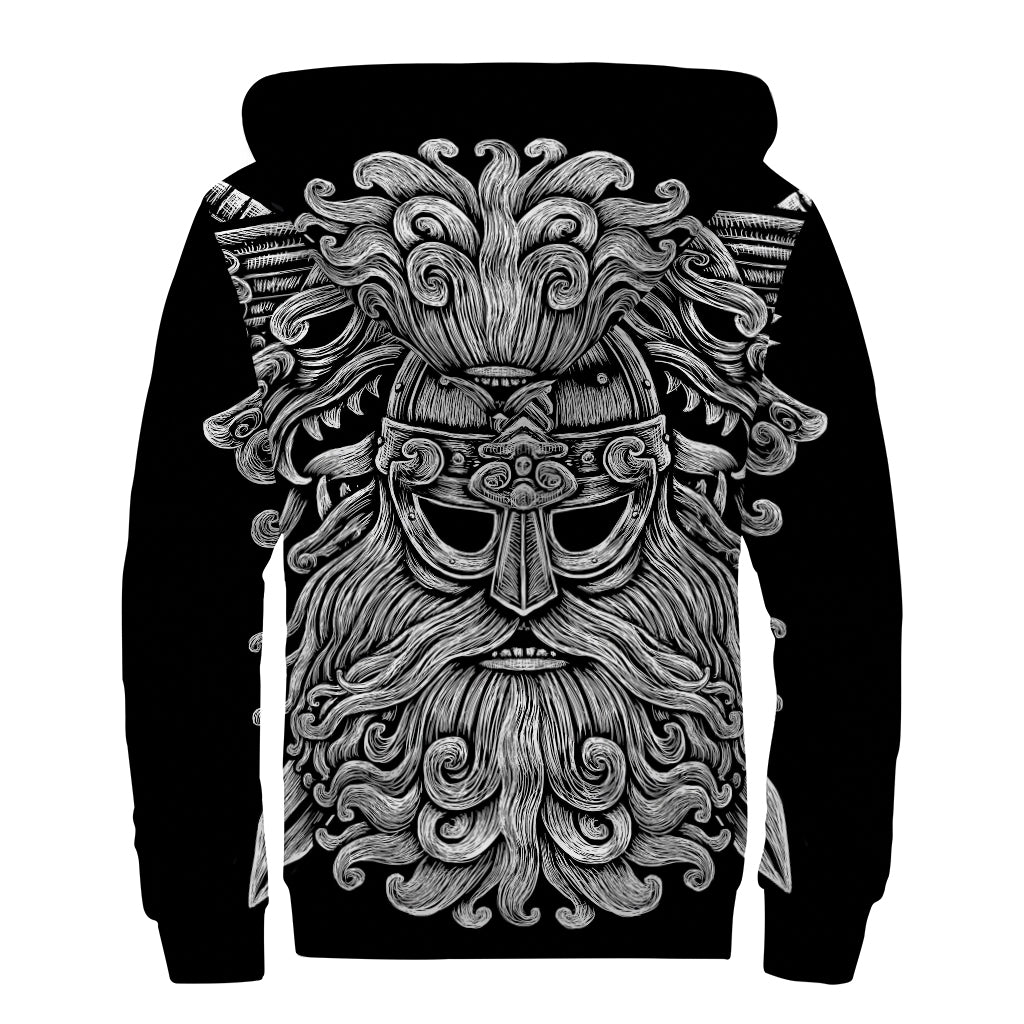 Black And White Odin With Wolfs Print Sherpa Lined Zip Up Hoodie