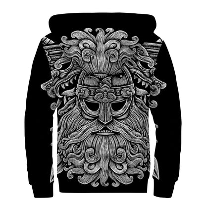 Black And White Odin With Wolfs Print Sherpa Lined Zip Up Hoodie