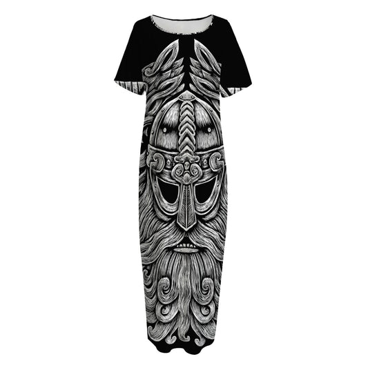 Black And White Odin With Wolfs Print Short Sleeve Long Nightdress