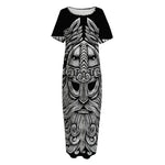 Black And White Odin With Wolfs Print Short Sleeve Long Nightdress
