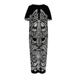 Black And White Odin With Wolfs Print Short Sleeve Long Nightdress
