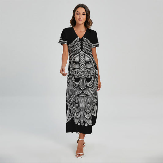 Black And White Odin With Wolfs Print Short Sleeve Maxi Dress