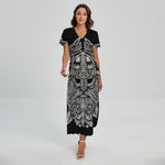 Black And White Odin With Wolfs Print Short Sleeve Maxi Dress