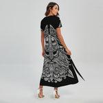 Black And White Odin With Wolfs Print Short Sleeve Maxi Dress