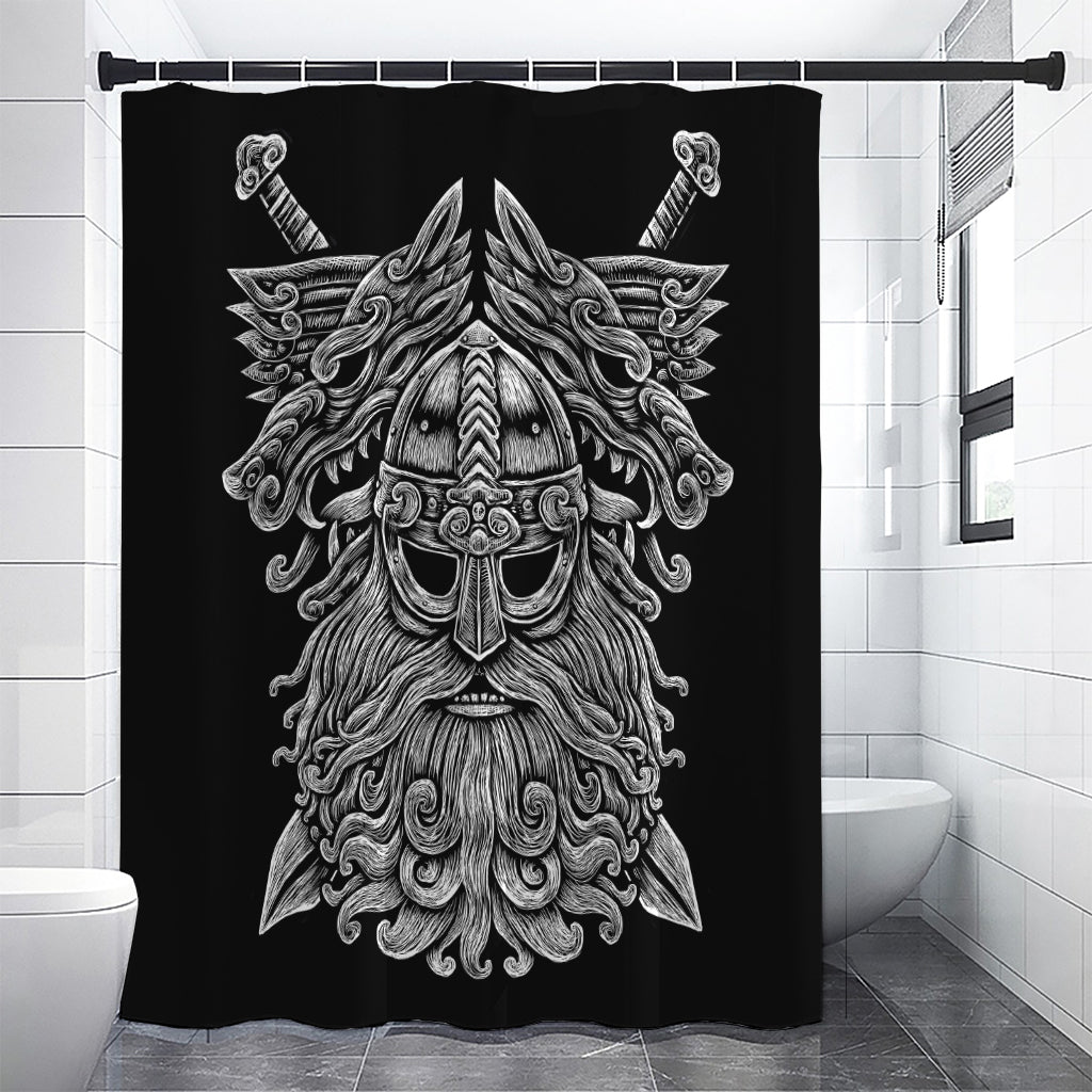 Black And White Odin With Wolfs Print Shower Curtain