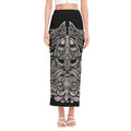 Black And White Odin With Wolfs Print Side Slit Maxi Skirt