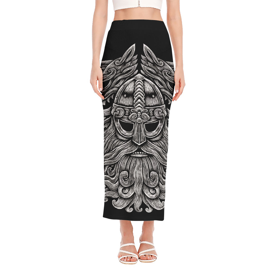 Black And White Odin With Wolfs Print Side Slit Maxi Skirt