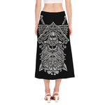 Black And White Odin With Wolfs Print Side Slit Midi Skirt