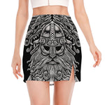 Black And White Odin With Wolfs Print Side Slit Mini Skirt