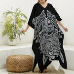 Black And White Odin With Wolfs Print Silk V-Neck Kaftan Dress