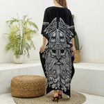 Black And White Odin With Wolfs Print Silk V-Neck Kaftan Dress