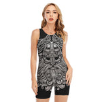 Black And White Odin With Wolfs Print Sleeveless One Piece Swimsuit