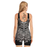 Black And White Odin With Wolfs Print Sleeveless One Piece Swimsuit