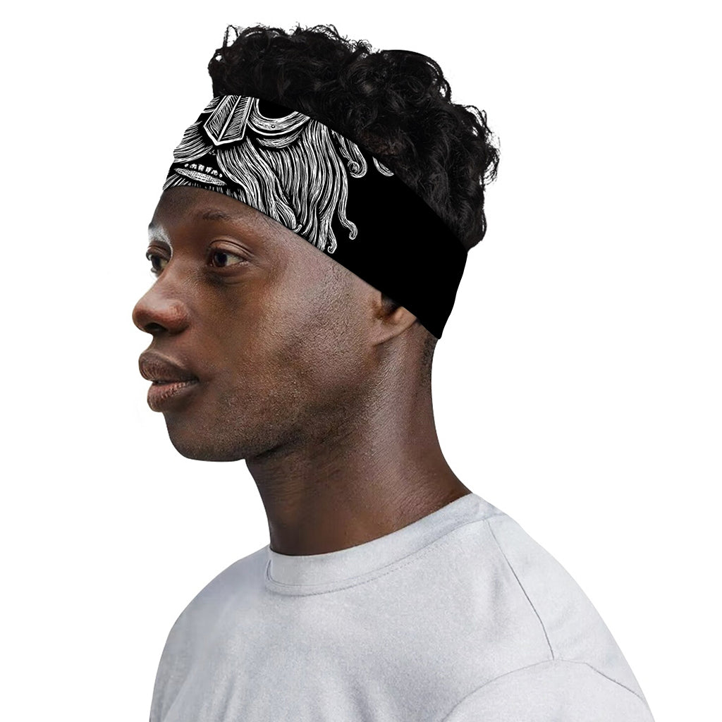 Black And White Odin With Wolfs Print Sports Headband