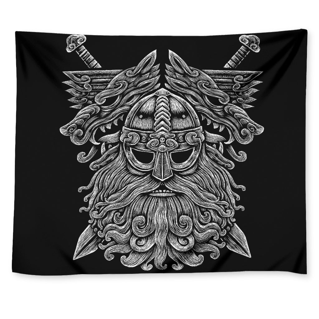 Black And White Odin With Wolfs Print Tapestry