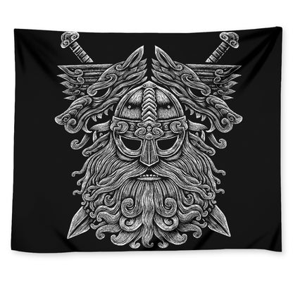 Black And White Odin With Wolfs Print Tapestry