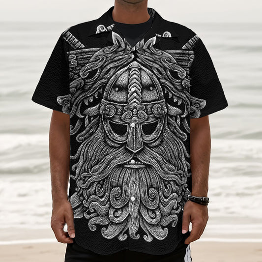 Black And White Odin With Wolfs Print Textured Short Sleeve Shirt