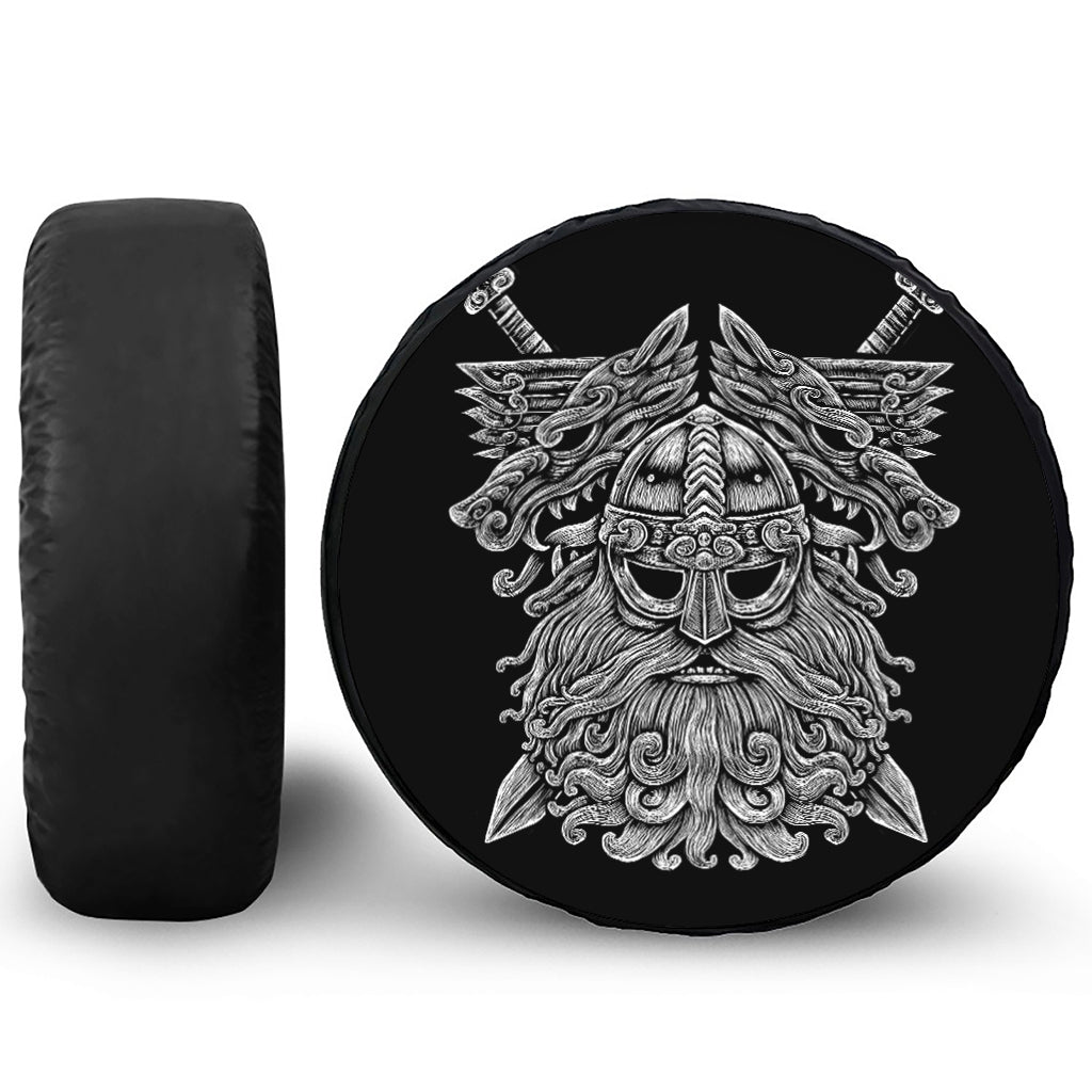 Black And White Odin With Wolfs Print Tire Cover