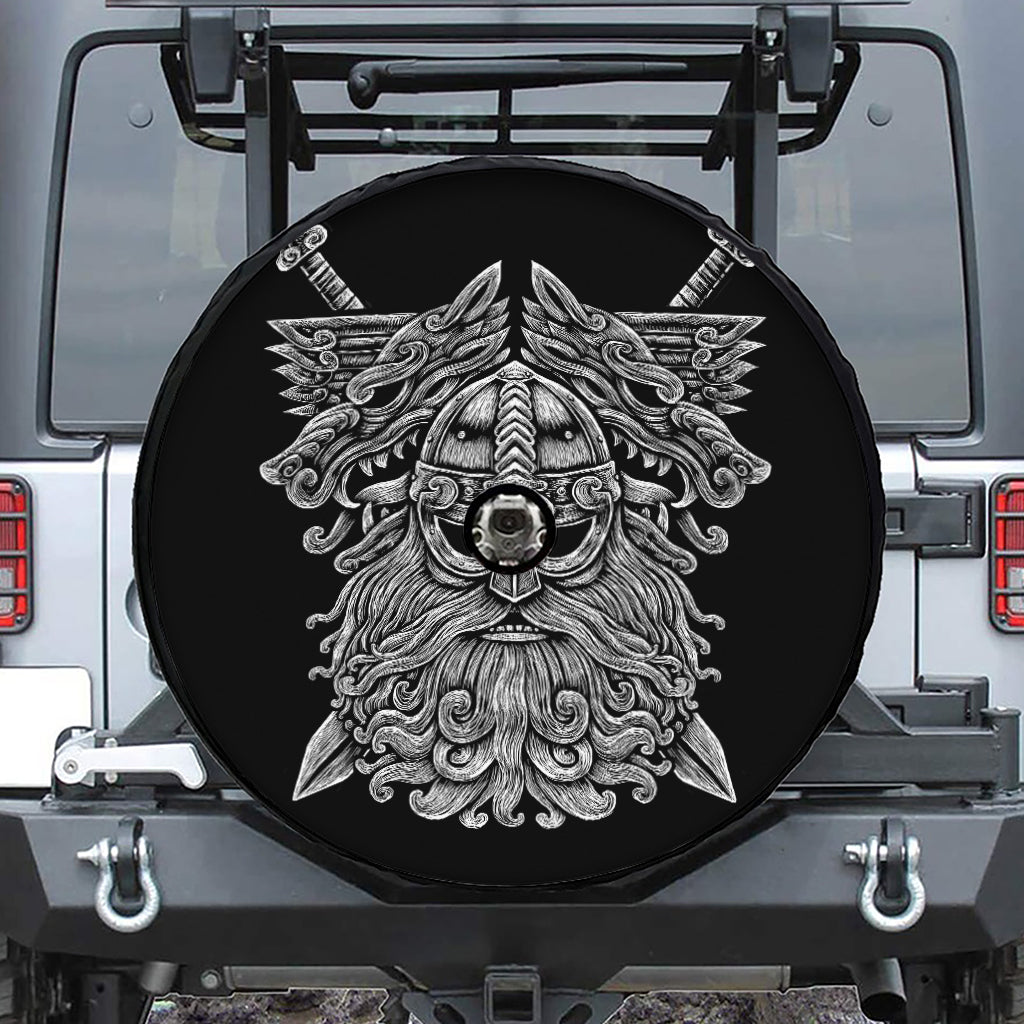Black And White Odin With Wolfs Print Tire Cover With Camera Hole