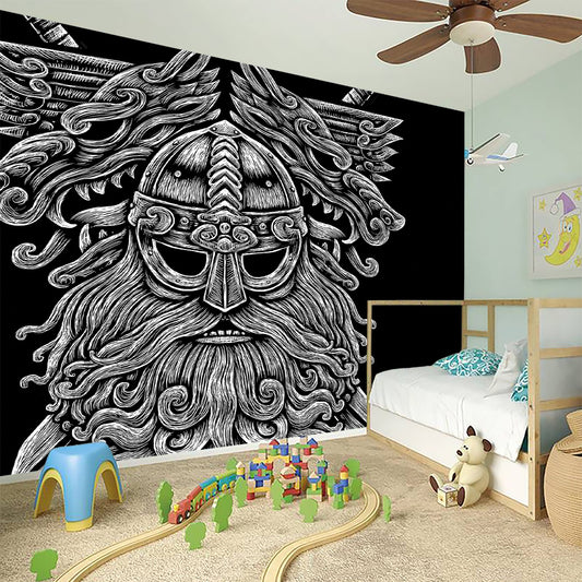 Black And White Odin With Wolfs Print Wall Sticker