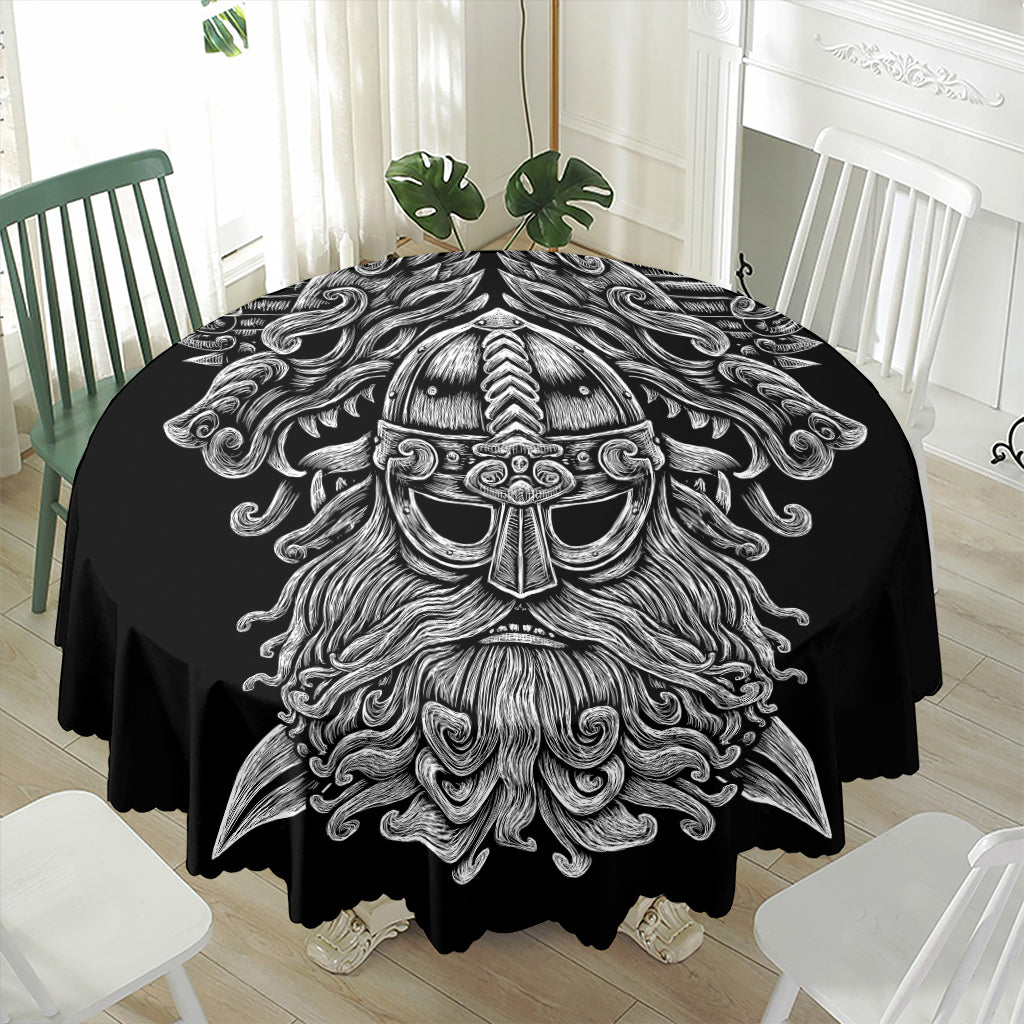 Black And White Odin With Wolfs Print Waterproof Round Tablecloth