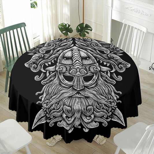Black And White Odin With Wolfs Print Waterproof Round Tablecloth