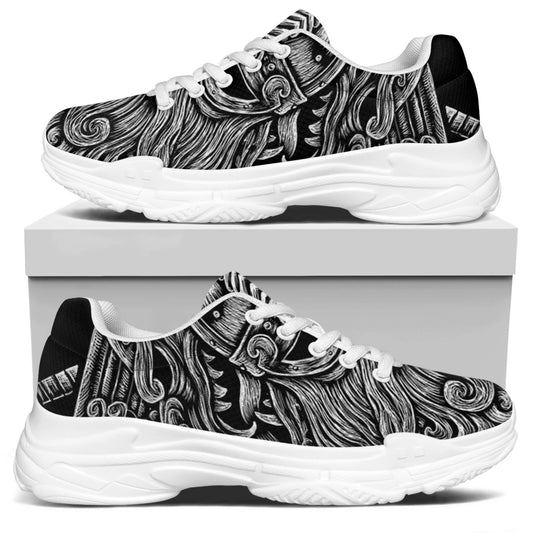 Black And White Odin With Wolfs Print White Chunky Shoes