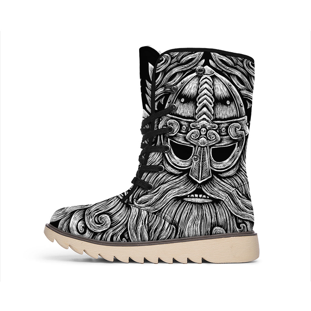 Black And White Odin With Wolfs Print Winter Boots