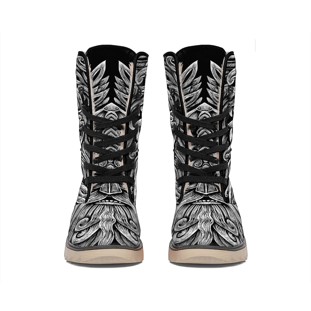Black And White Odin With Wolfs Print Winter Boots