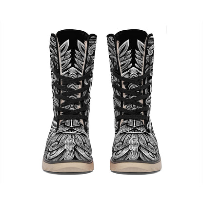 Black And White Odin With Wolfs Print Winter Boots