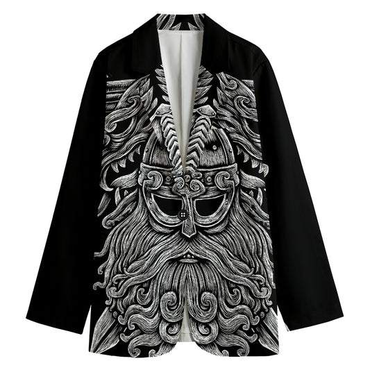Black And White Odin With Wolfs Print Women's Blazer