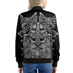 Black And White Odin With Wolfs Print Women's Bomber Jacket