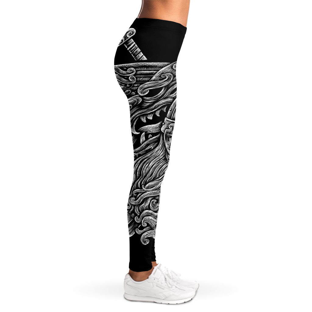 Black And White Odin With Wolfs Print Women's Leggings