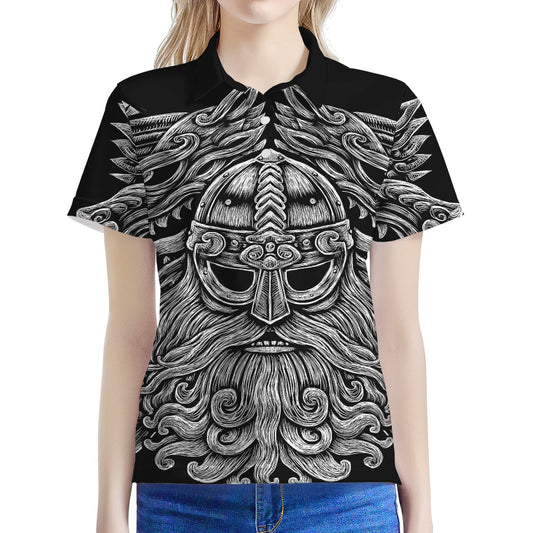 Black And White Odin With Wolfs Print Women's Polo Shirt