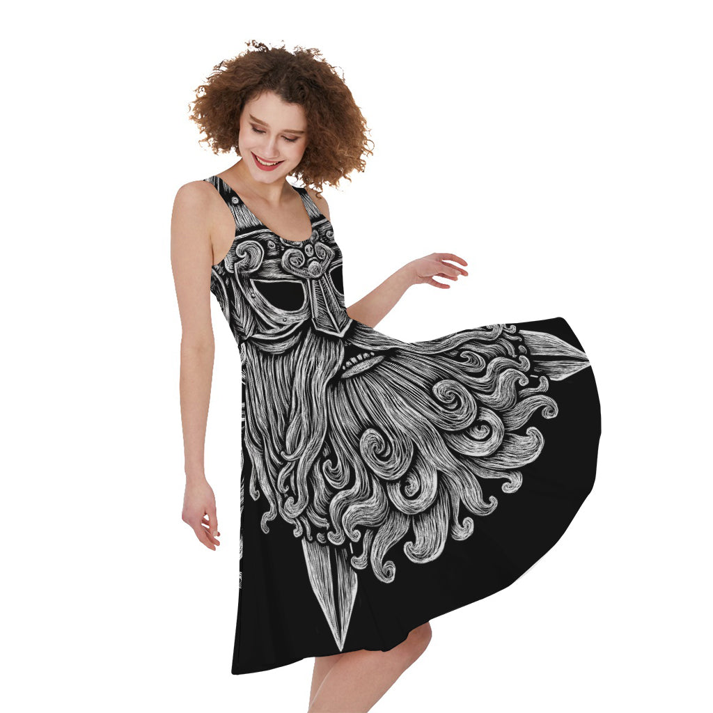 Black And White Odin With Wolfs Print Women's Sleeveless Dress