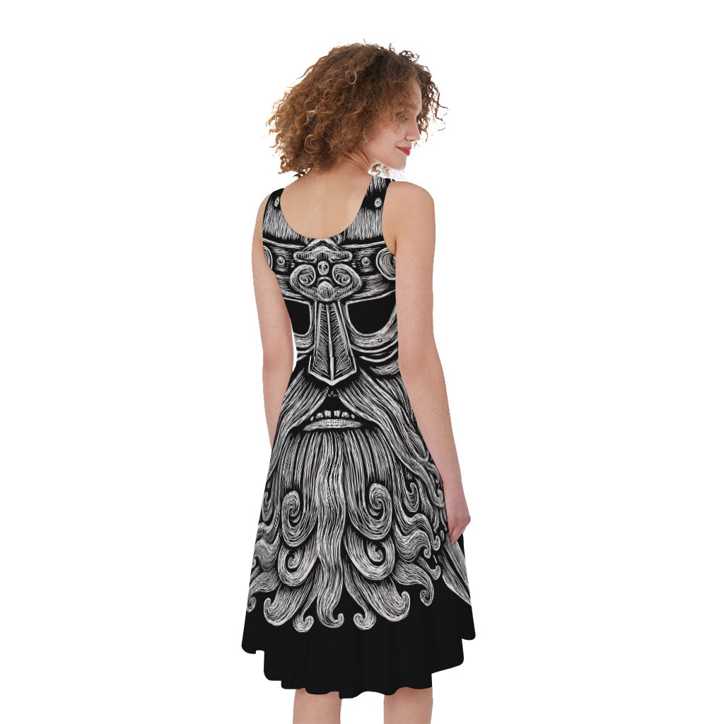 Black And White Odin With Wolfs Print Women's Sleeveless Dress